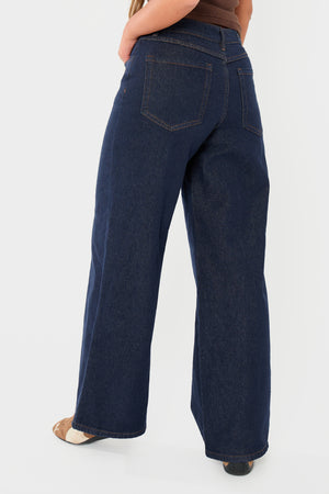 Kaiia Denim Mid Rise Wide Leg Jeans Indigo