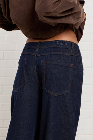 Kaiia Denim Mid Rise Wide Leg Jeans Indigo
