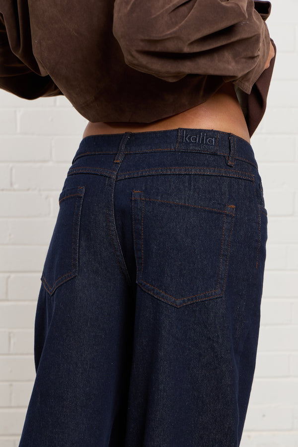 Kaiia Denim Mid Rise Wide Leg Jeans Indigo