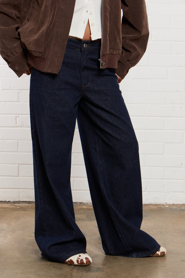 Kaiia Denim Mid Rise Wide Leg Jeans Indigo