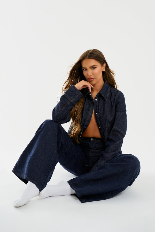 Kaiia Denim Mid Rise Wide Leg Jeans Indigo