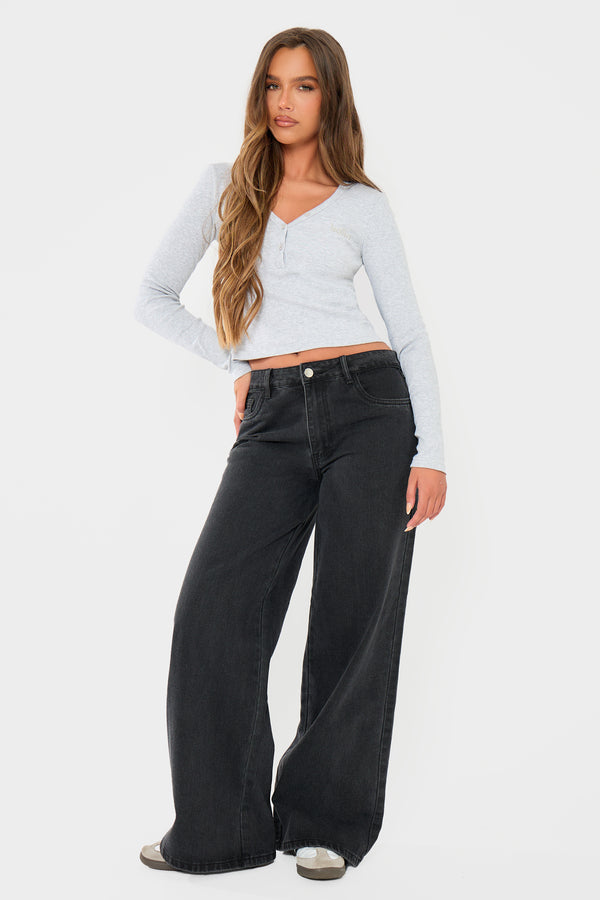Kaiia Denim Mid Rise Wide Leg Jeans Black