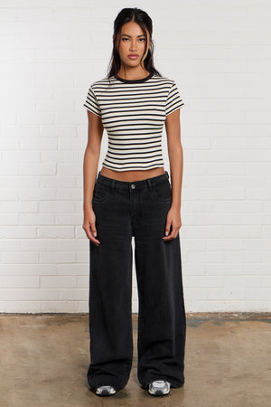 Kaiia Denim Mid Rise Wide Leg Jeans Black