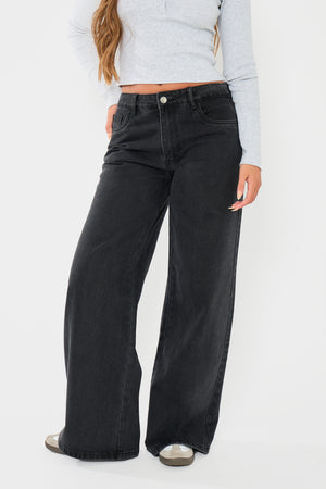 Kaiia Denim Mid Rise Wide Leg Jeans Black