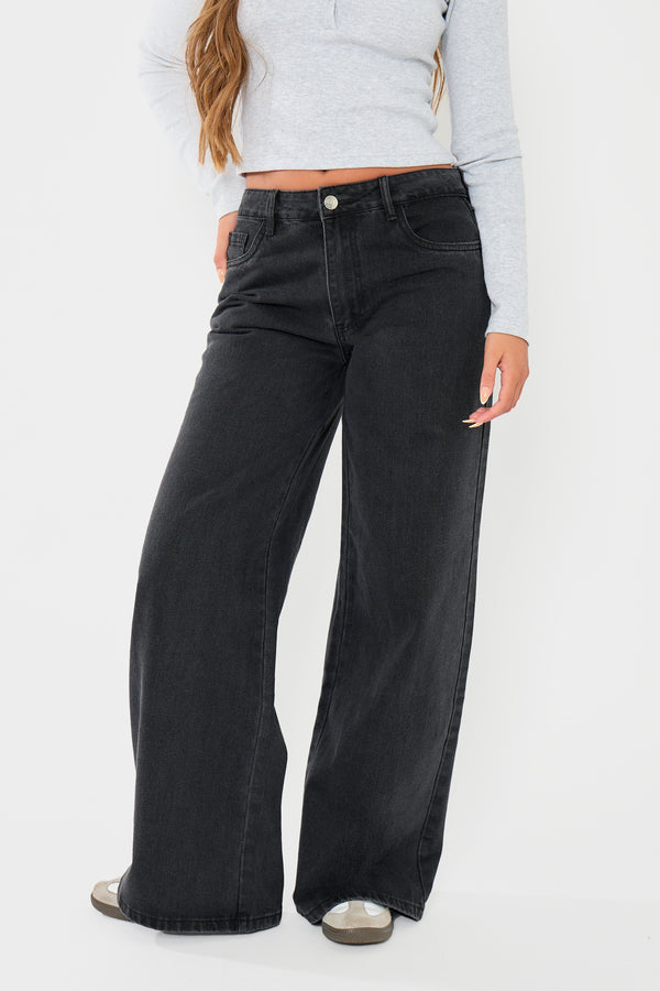 Kaiia Denim Mid Rise Wide Leg Jeans Black