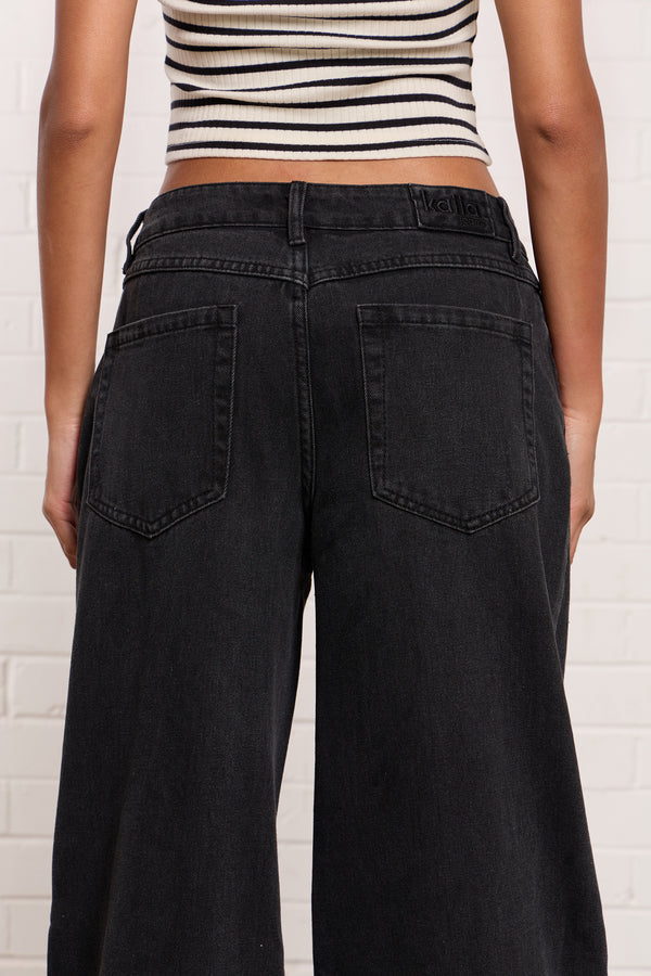 Kaiia Denim Mid Rise Wide Leg Jeans Black