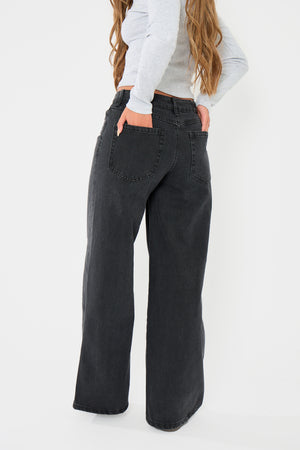 Kaiia Denim Mid Rise Wide Leg Jeans Black