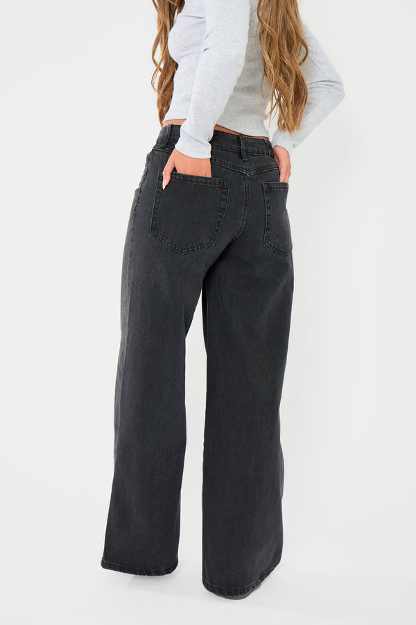 Kaiia Denim Mid Rise Wide Leg Jeans Black