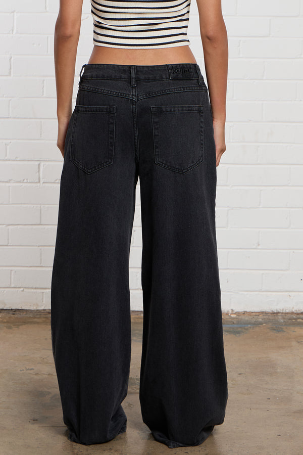 Kaiia Denim Mid Rise Wide Leg Jeans Black