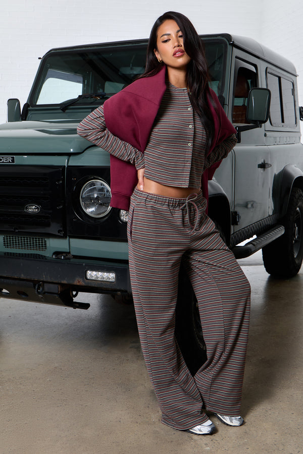 Kaiia Striped Fleece Wide Leg Trousers Brown Multi