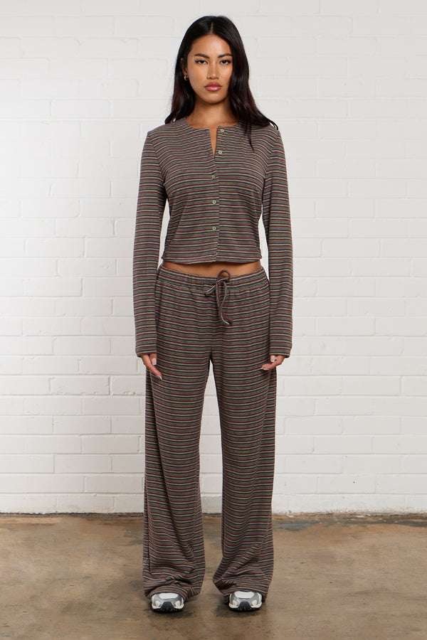 Kaiia Striped Fleece Wide Leg Trousers Brown Multi