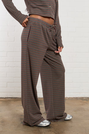 Kaiia Striped Fleece Wide Leg Trousers Brown Multi