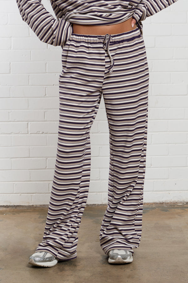 Kaiia Striped Fleece Wide Leg Trousers Black Multi