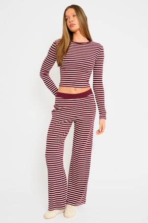 Kaiia Stripe Ribbed Wide Leg Trousers Dark Cherry & Cream