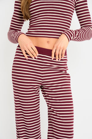 Kaiia Stripe Ribbed Wide Leg Trousers Dark Cherry & Cream