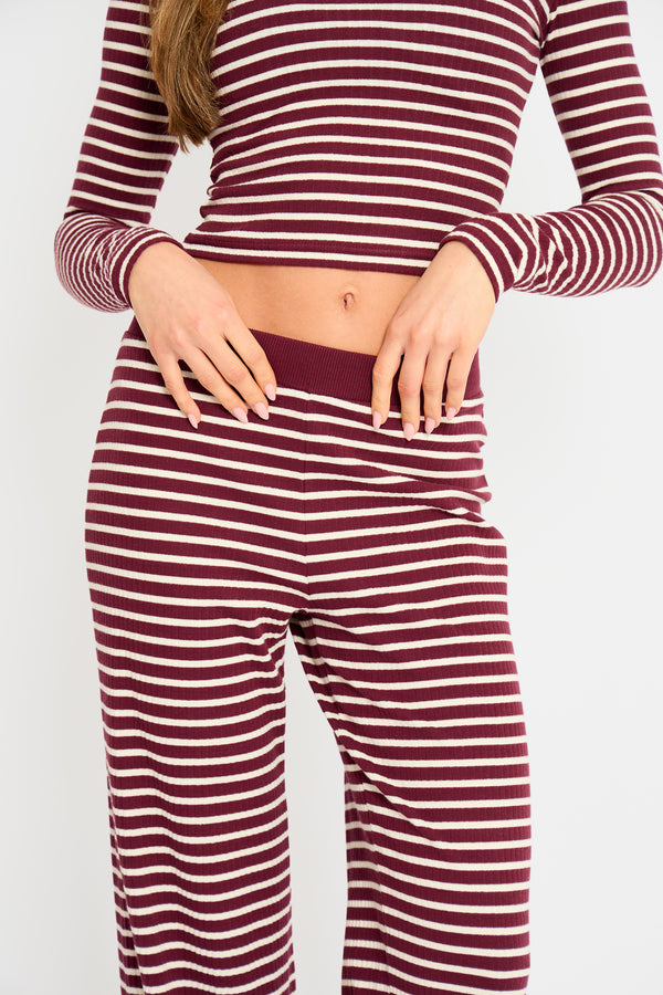 Kaiia Stripe Ribbed Wide Leg Trousers Dark Cherry & Cream