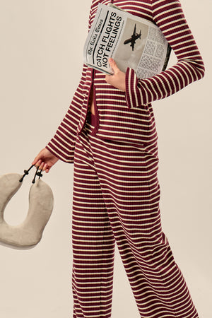 Kaiia Stripe Ribbed Wide Leg Trousers Dark Cherry & Cream