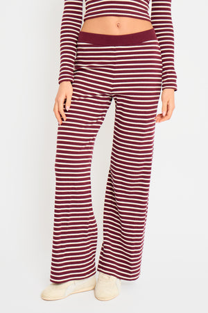 Kaiia Stripe Ribbed Wide Leg Trousers Dark Cherry & Cream