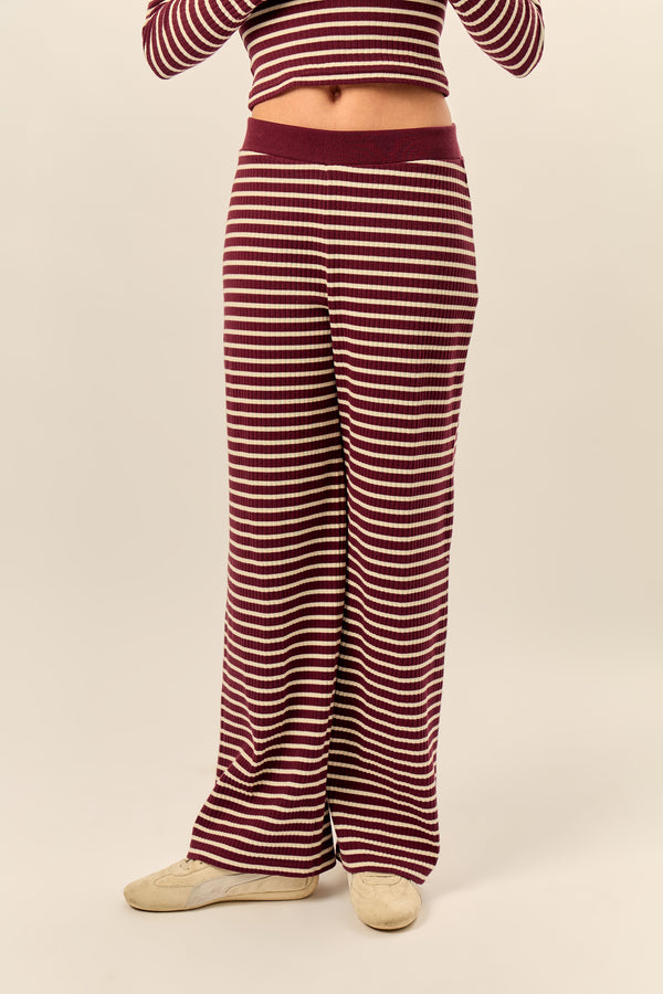 Kaiia Stripe Ribbed Wide Leg Trousers Dark Cherry & Cream