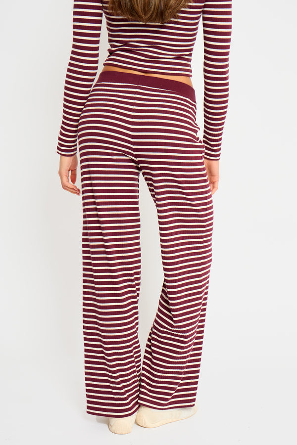 Kaiia Stripe Ribbed Wide Leg Trousers Dark Cherry & Cream