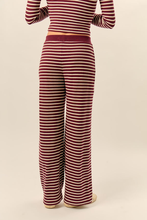 Kaiia Stripe Ribbed Wide Leg Trousers Dark Cherry & Cream