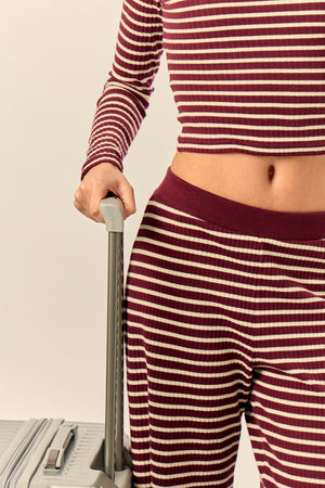 Kaiia Stripe Ribbed Wide Leg Trousers Dark Cherry & Cream