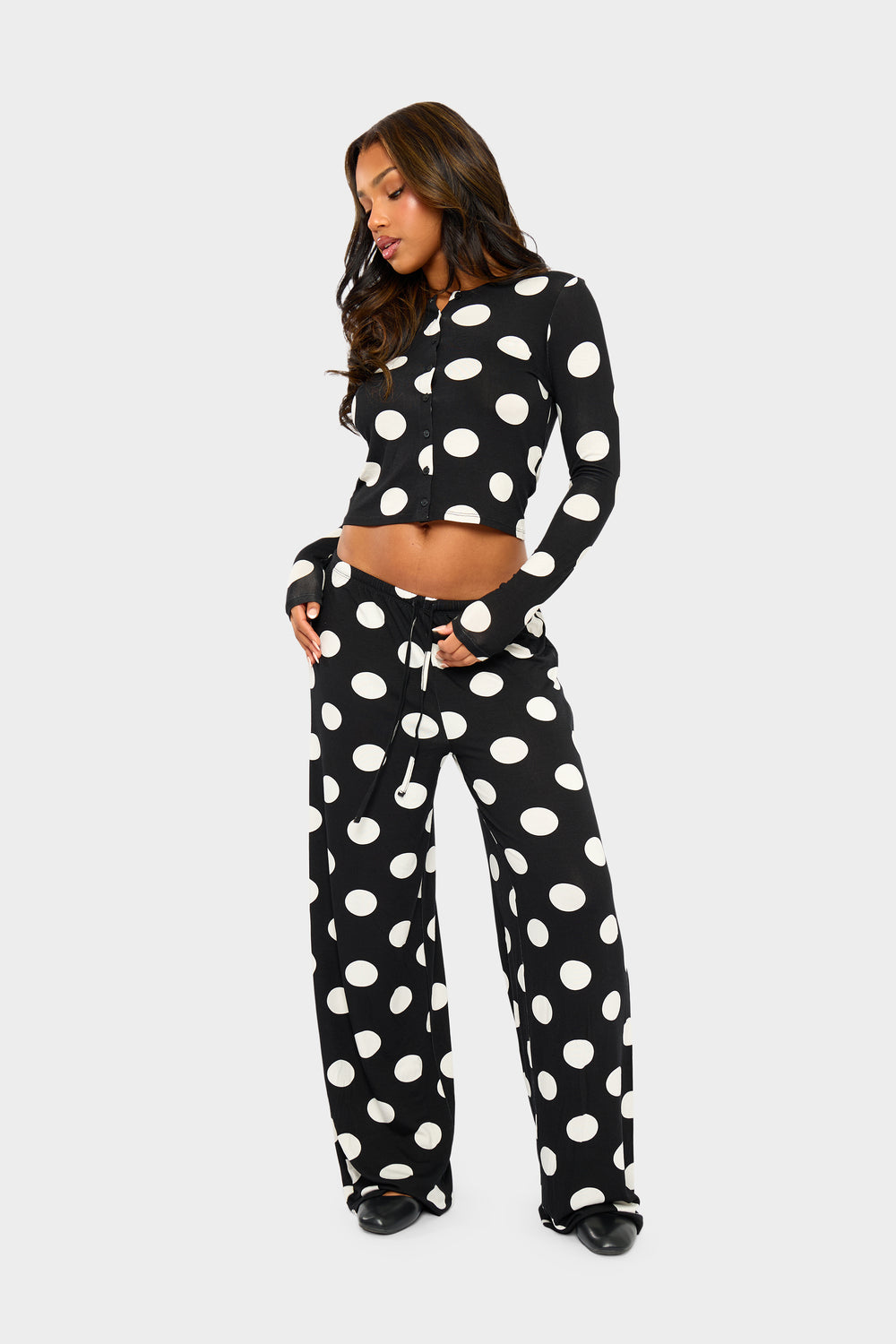 Kaiia Large Polka Dot Wide Leg Trousers Black & Cream
