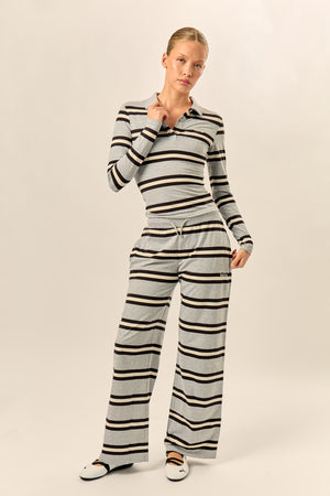 Kaiia Striped Wide Leg Trousers Grey Marl, Cream & Black