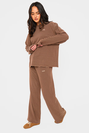 Kaiia Striped Fleece Drawstring Wide Leg Trousers Brown & Cream