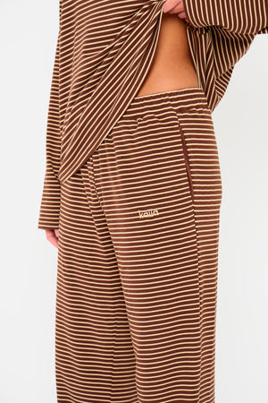 Kaiia Striped Fleece Drawstring Wide Leg Trousers Brown & Cream