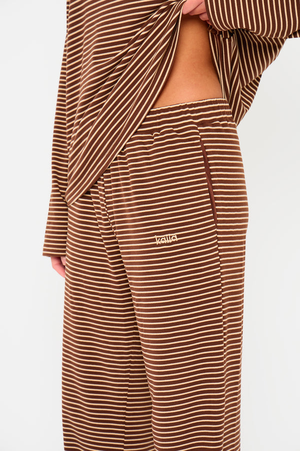 Kaiia Striped Fleece Drawstring Wide Leg Trousers Brown & Cream