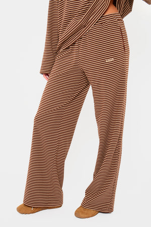 Kaiia Striped Fleece Drawstring Wide Leg Trousers Brown & Cream