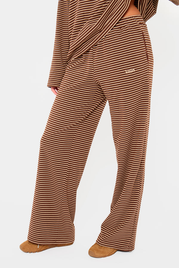 Kaiia Striped Fleece Drawstring Wide Leg Trousers Brown & Cream