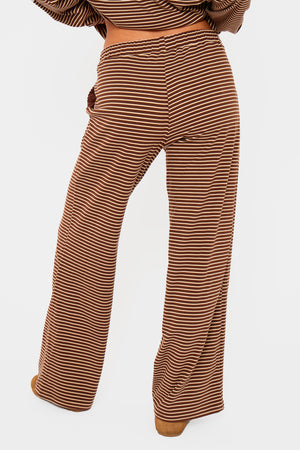 Kaiia Striped Fleece Drawstring Wide Leg Trousers Brown & Cream