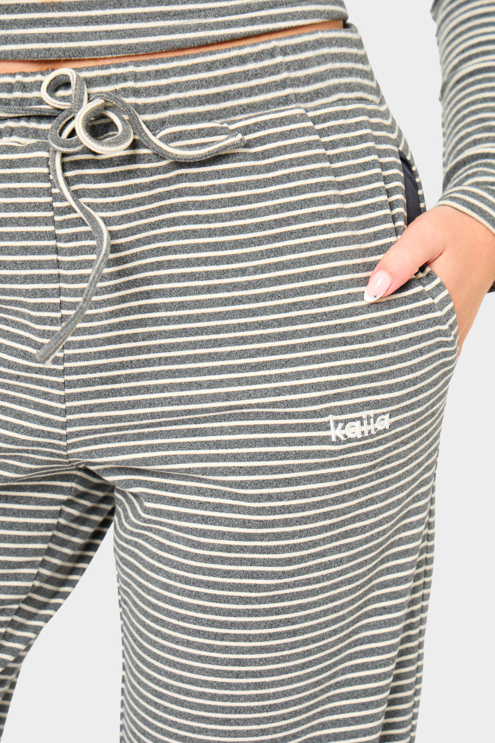 Kaiia Striped Fleece Drawstring Wide Leg Trousers Grey Marl & White