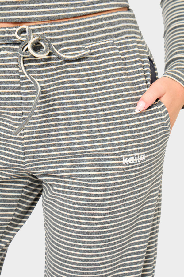 Kaiia Striped Fleece Drawstring Wide Leg Trousers Grey Marl & White