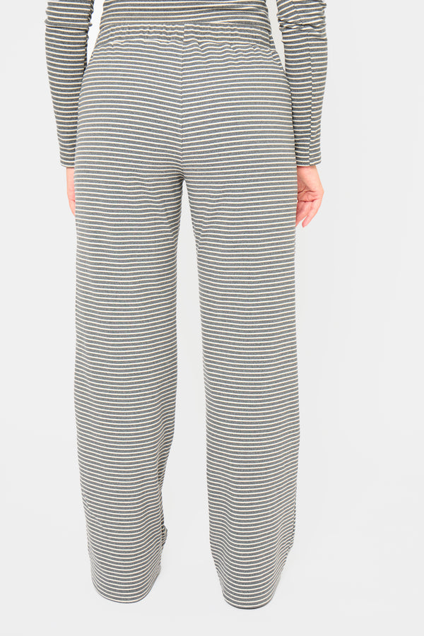 Kaiia Striped Fleece Drawstring Wide Leg Trousers Grey Marl & White
