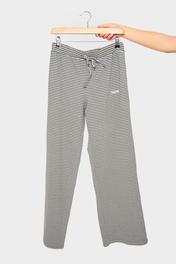 Kaiia Striped Fleece Drawstring Wide Leg Trousers Grey Marl & White