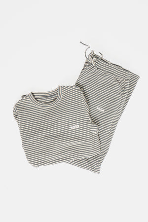 Kaiia Striped Fleece Drawstring Wide Leg Trousers Grey Marl & White