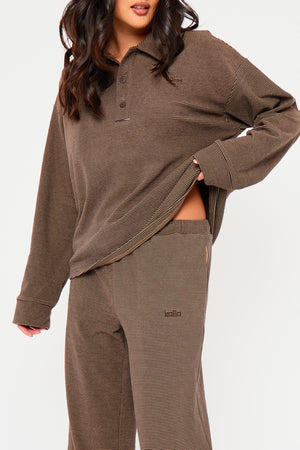 Kaiia Striped Fleece Drawstring Wide Leg Trousers Dark Chocolate & Lemon