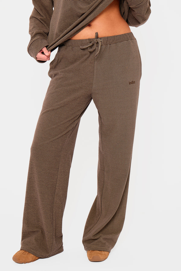 Kaiia Striped Fleece Drawstring Wide Leg Trousers Dark Chocolate & Lemon