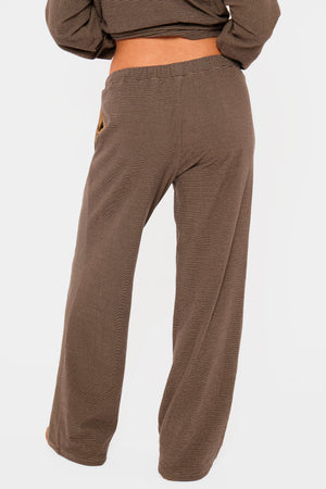Kaiia Striped Fleece Drawstring Wide Leg Trousers Dark Chocolate & Lemon