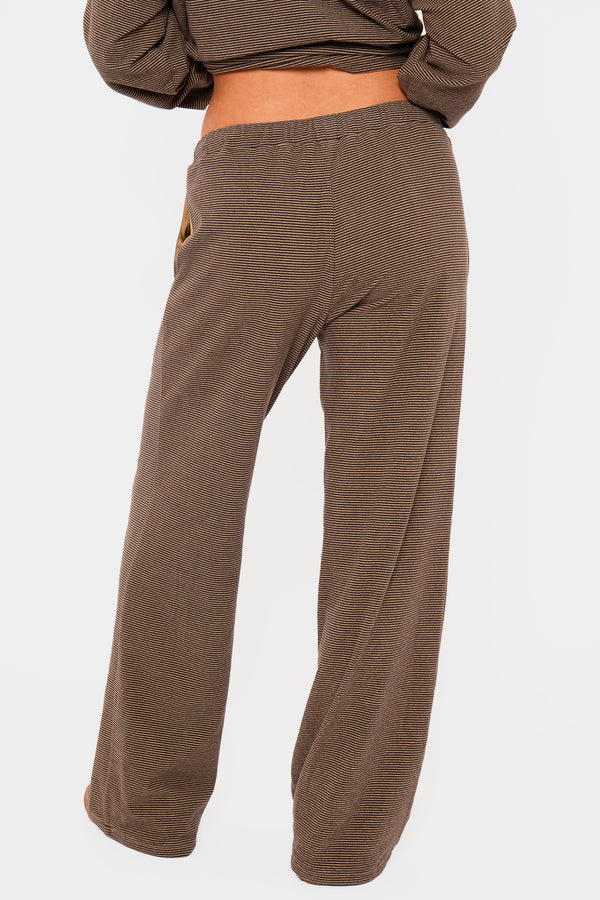 Kaiia Striped Fleece Drawstring Wide Leg Trousers Dark Chocolate & Lemon