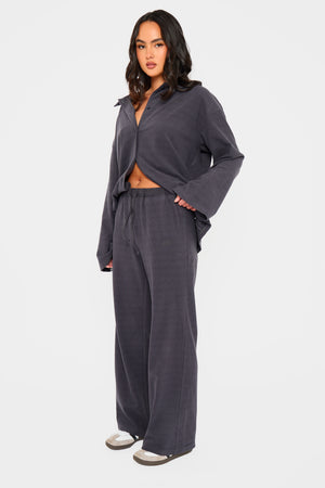 Kaiia Striped Fleece Drawstring Wide Leg Trousers Navy & Black