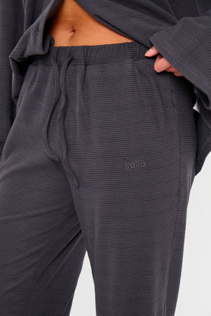 Kaiia Striped Fleece Drawstring Wide Leg Trousers Navy & Black