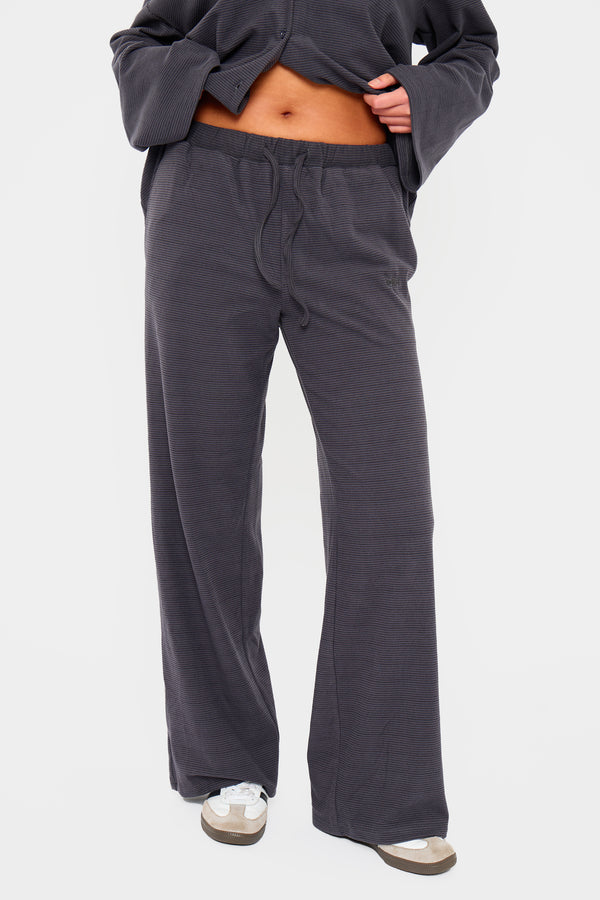 Kaiia Striped Fleece Drawstring Wide Leg Trousers Navy & Black