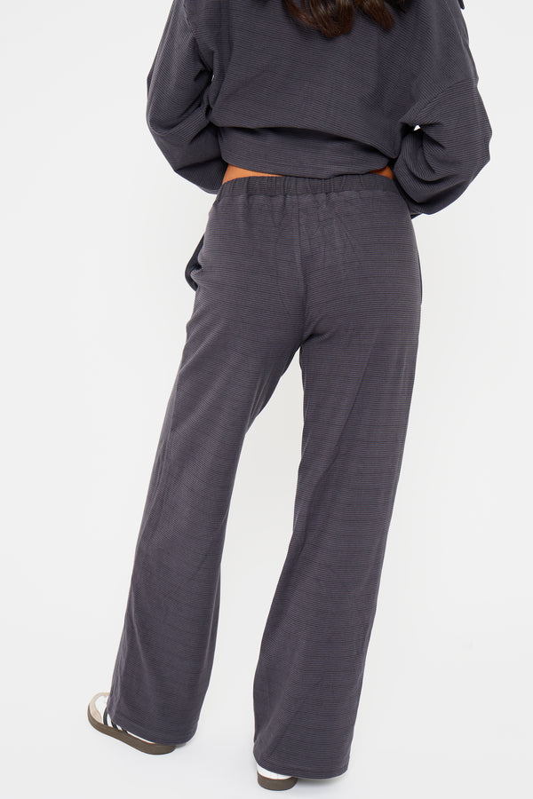 Kaiia Striped Fleece Drawstring Wide Leg Trousers Navy & Black