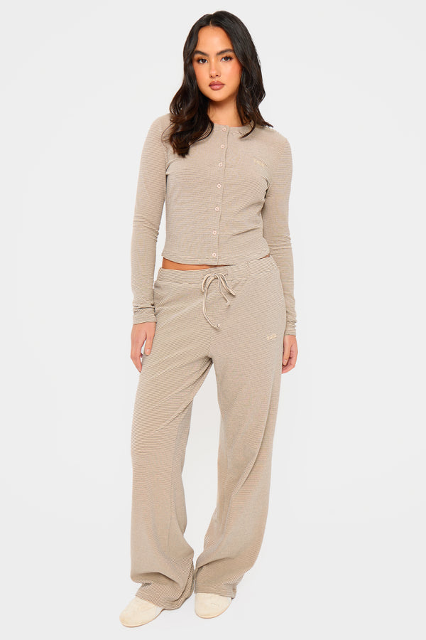 Kaiia Striped Fleece Drawstring Wide Leg Trousers Cream & Black