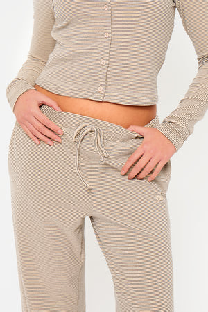 Kaiia Striped Fleece Drawstring Wide Leg Trousers Cream & Black