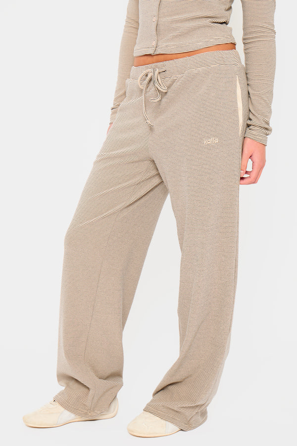 Kaiia Striped Fleece Drawstring Wide Leg Trousers Cream & Black